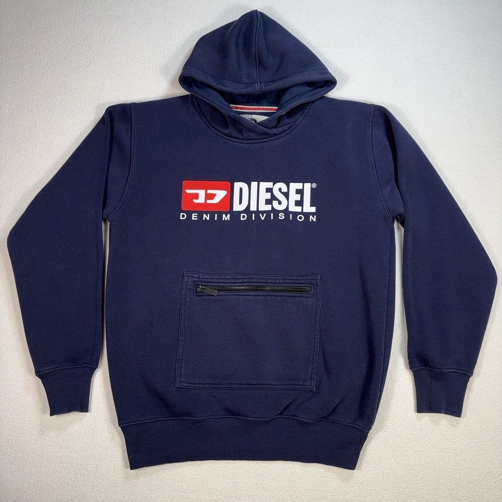 Designer Mens Diesel Vintage Zipper Navy Logo Hooded Sweatshirt 00s